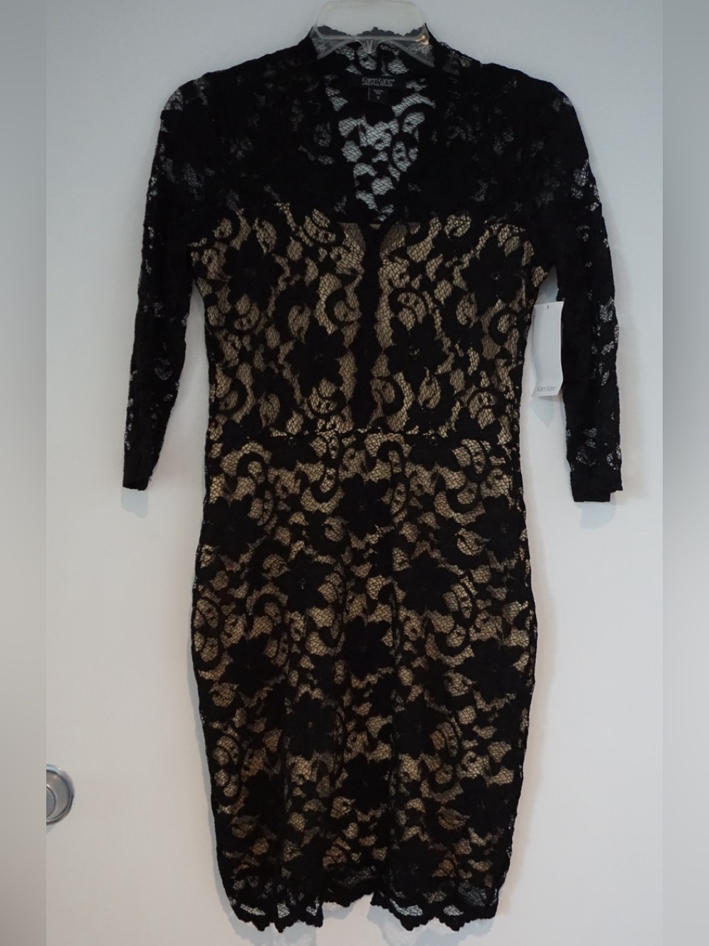 Karen Kane Black Lace Midi Dress with Gold Underlay
